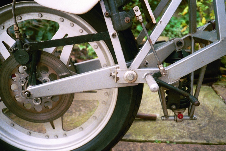 Right side view of rear suspension and stub swingarm